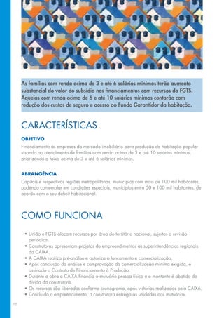 as famílias com renda acima de 3 e até 6 salários mínimos terão aumento
     substancial do valor do subsídio nos financiamentos com recursos do FGts.
     aquelas com renda acima de 6 e até 10 salários mínimos contarão com
     redução dos custos de seguro e acesso ao Fundo Garantidor da habitação.



     CARACTeRísTICAs
     ObjetivO
     Financiamento	às	empresas	do	mercado	imobiliário	para	produção	de	habitação	popular	
     visando ao atendimento de famílias com renda acima de 3 e até 10 salários mínimos,
     priorizando	a	faixa	acima	de	3	e	até	6	salários	mínimos.


     abrangência
     Capitais e respectivas regiões metropolitanas, municípios com mais de 100 mil habitantes,
     podendo contemplar em condições especiais, municípios entre 50 e 100 mil habitantes, de
     acordo com o seu déficit habitacional.




     CoMo fUNCIoNA
      •	União	e	FGTS	alocam	recursos	por	área	do	território	nacional,	sujeitos	a	revisão	
        periódica.
      •	Construtoras	apresentam	projetos	de	empreendimentos	às	superintendências	regionais	
        da CAIXA.
      •	A	CAIXA	realiza	pré-análise	e	autoriza	o	lançamento	e	comercialização.
      •	Após	conclusão	da	análise	e	comprovação	da	comercialização	mínima	exigida,	é	
        assinado	o	Contrato	de	Financiamento	à	Produção.
      •	Durante	a	obra	a	CAIXA	financia	o	mutuário	pessoa	física	e	o	montante	é	abatido	da	
        dívida da construtora.
      •	os	recursos	são	liberados	conforme	cronograma,	após	vistorias	realizadas	pela	CAIXA.
      •	Concluído	o	empreendimento,	a	construtora	entrega	as	unidades	aos	mutuários.

12
 