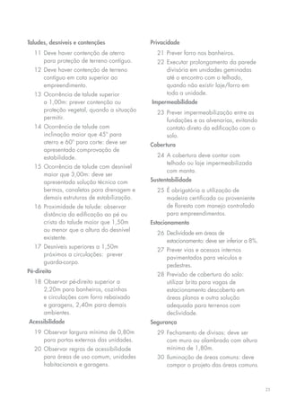 taludes, desníveis e contenções             Privacidade
  11 Deve haver contenção de aterro           21	 Prever	forro	nos	banheiros.
     para proteção de terreno contíguo.       22	 Executar	prolongamento	da	parede	
  12	 Deve	haver	contenção	de	terreno	            divisória em unidades geminadas
      contíguo em cota superior ao                até o encontro com o telhado,
      empreendimento.                             quando	não	existir	laje/forro	em	
  13	 ocorrência	de	talude	superior	              toda a unidade.
      a 1,00m: prever contenção ou          impermeabilidade
      proteção vegetal, quando a situação     23	 Prever	impermeabilização	entre	as	
      permitir.                                   fundações e as alvenarias, evitando
  14	 ocorrência	de	talude	com	                   contato direto da edificação com o
      inclinação	maior	que	45º	para	              solo.
      aterro	e	60º	para	corte:	deve	ser	    Cobertura
      apresentada comprovação de
      estabilidade.                           24	 A	cobertura	deve	contar	com	
                                                  telhado ou laje impermeabilizada
  15	 ocorrência	de	talude	com	desnível	
                                                  com manta.
      maior que 3,00m: deve ser
      apresentada solução técnica com       sustentabilidade
      bermas, canaletas para drenagem e       25	 É	obrigatória	a	utilização	de	
      demais estruturas de estabilização.         madeira certificada ou proveniente
  16	 Proximidade	de	talude:	observar	            de floresta com manejo controlado
      distância	da	edificação	ao	pé	ou	           para empreendimentos.
      crista do talude maior que 1,50m      estacionamento
      ou menor que a altura do desnível
                                              26	 Declividade	em	áreas	de	
      existente.
                                                  estacionamento:	deve	ser	inferior	a	8%.
  17 Desníveis superiores a 1,50m
                                              27	 Prever	vias	e	acessos	internos	
     próximos	a	circulações:		prever	
                                                  pavimentados para veículos e
     guarda-corpo.
                                                  pedestres.
Pé-direito
                                              28	 Previsão	de	cobertura	do	solo:	
  18 observar pé-direito superior a               utilizar brita para vagas de
     2,20m	para	banheiros,	cozinhas	              estacionamento descoberto em
     e	circulações	com	forro	rebaixado	           áreas planas e outra solução
     e	garagens,	2,40m	para	demais	               adequada para terrenos com
     ambientes.                                   declividade.
acessibilidade                              segurança
  19 observar largura mínima de 0,80m         29	 Fechamento	de	divisas:	deve	ser	
     para	portas	externas	das	unidades.           com muro ou alambrado com altura
  20	 observar	regras	de	acessibilidade	          mínima de 1,80m.
      para áreas de uso comum, unidades       30 Iluminação de áreas comuns: deve
      habitacionais e garagens.                  compor o projeto das áreas comuns.



                                                                                            25
 