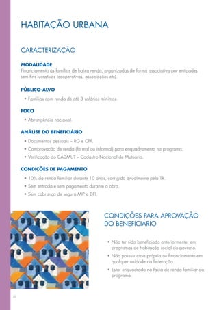 hABITAção URBANA

     CARACTeRIZAção

     MOdalidade
     Financiamento	às	famílias	de	baixa	renda,	organizadas	de	forma	associativa	por	entidades	
     sem	fins	lucrativos	(cooperativas,	associações	etc).

     públicO-alvO

      •	Famílias	com	renda	de	até	3	salários	mínimos.

     fOcO

      •	Abrangência	nacional.

     análise dO beneficiáriO

      •	Documentos	pessoais	–	RG	e	CPF.
      •	Comprovação	de	renda	(formal	ou	informal)	para	enquadramento	no	programa.
      •	Verificação	do	CADMUT	–	Cadastro	Nacional	de	Mutuário.

     cOndições de pagaMentO

      •	10%	da	renda	familiar	durante	10	anos,	corrigido	anualmente	pela	TR.
      •	Sem	entrada	e	sem	pagamento	durante	a	obra.
      •	Sem	cobrança	de	seguro	MIP	e	DFI.




                                              CoNDIçõES	PARA	APRoVAção	
                                              Do BeNefICIáRIo

                                                •	Não	ter	sido	beneficiado	anteriormente		em	
                                                  programas de habitação social do governo.
                                                •	Não	possuir	casa	própria	ou	financiamento	em	
                                                  qualquer unidade da federação.
                                                •	Estar	enquadrado	na	faixa	de	renda	familiar	do	
                                                  programa.



30
 