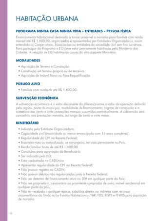 HABITAÇÃO URBANA
     PROGRAMA MINHA CASA MINHA VIDA – ENTIDADES – PESSOA FÍSICA
     Financiamento habitacional destinado a tornar acessível a moradia para famílias com renda
     mensal até R$ 1.600,00, organizadas e apresentadas por Entidades Organizadoras, assim
     entendido as Cooperativas, Associações ou entidades da sociedade civil sem fins lucrativos.
     Para participar do Programa a EO deve estar previamente habilitada pelo Ministério das
     Cidades. A relação de EO habilitadas consta do sítio daquele Ministério.

     MODALIDADES
      • Aquisição de Terreno e Construção
      • Construção em terreno próprio ou de terceiros
      • Aquisição de Imóvel Novo ou Para Requalificação

     PÚBLICO ALVO
      • Famílias com renda de até R$ 1.600,00.

     SUBVENÇÃO ECONÔNICA
     A subvenção econômica é o valor decorrente da diferença entre o valor da operação definida
     pela região, porte do município, modalidade de financiamento, regime de construção e o
     somatório das cento e vinte prestações mensais assumidas contratualmente. A subvenção será
     concedida nas prestações mensais, ao longo de cento e vinte meses.

     BENEFICIÁRIO
      • Indicado pela Entidade Organizadora;
      • Capacidade civil (maioridade ou menor emancipado com 16 anos completos);
      • Regularidade do CPF na Receita Federal;
      • Brasileiro nato ou naturalizado, se estrangeiro, ter visto permanente no País.
      • Renda familiar bruta de até R$ 1.600,00
      • Condições para aprovação do Beneficiário
      • Ser indicado pela EO;
      • Estar cadastrado no CADUnico
      • Apresentar regularidade do CPF na Receita Federal;
      • Não possuir registro no CADIN;
      • Não possuir débitos não regularizados junto à Receita Federal;
      • Não ser detentor de financiamento ativo no SFH em qualquer parte do País;
      • Não ser proprietário, cessionário ou promitente comprador de outro imóvel residencial em
      qualquer parte do país;
      • Não ter recebido a qualquer época, subsídios diretos ou indiretos com recursos
      orçamentários da União e/ou Fundos Habitacionais FAR, FDS, FGTS e FNHIS para aquisição
      de moradia



33
 