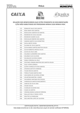 Quarta-feira
18 de Abril de 2012
16 - Ano IV - Nº 819
                                                      Ilhéus




             RELAÇÃO DOS BENEFICIÁRIOS QUE ESTÃO PENDENTES DE DOCUMENTAÇÃO
                E/OU NÃO HABILITADOS DO PROGRAMA MINHA CASA MINHA VIDA.

                       173.    RONALDO SALES DOS SANTOS
                       174.    ROSE MARY DOS SANTOS
                       175.    ROSICLEIDE ALMEIDA DO SANTOS
                       176.    ROSINEIDE DE JESUS AGUIAR
                       177.    ROSINEIDE SOARES SILVA
                       178.    ROSIVALDO RIBEIRO DOS SANTOS
                       179.    SANDRA MARTA SILVA DEMETRIO
                       180.    SHEILA BRITO VIEIRA
                       181.    SILVANA DE JESUS SANTOS
                       182.    SILVIA MARIA SANTOS MATTOS SOUZA
                       183.    SILVIO ROBERTO ARGOLO SILVA
                       184.    SILVIO DE JESUS LIMA
                       185.    SOLANGE GUIMARÃES DOS SANTOS
                       186.    SOLANGE SILVA SILVEIRA
                       187.    SOLINALDO OLIVEIRA GOMES
                       188.    SONIA FERREIRA DA CRUZ
                       189.    SOSTENES OSMAN MARTINS DOS SANTOS SOUZA
                       190.    SUELI VIEIRA CORREIA
                       191.    SUENY EVANGELISTA DOS SANTOS
                       192.    SYDCREIA BATISTA FERREIRA
                       193.    TELMA ROCHA SANTOS
                       194.    TERESA TELMA DANTAS ROIZ
                       195.    UDA MARIA DE OLIVEIRA JATOBA
                       196.    UELINTOM MARTINS GOMES
                       197.    VALDIRENE SANTANA DOS PASSOS
                       198.    VANDERLEIA SANTOS NASCIMENTO
                       199.    VANUZA DA SILVA LIMA
                       200.    VELMA SOUZA
                       201.    VILIBALDO OLIVEIRA DIAS
                       202.    VILMA SA SANTOS
                       203.    VIRGINIA MARIA ALENCAR FERREIRA
                       204.    WALLACE MILLE FARIAS COSTA
                       205.    WALTER LUZ BARAUNA
                       206.    WELLINGTON LOPES DE OLIVEIRA




                               CERTIFICAÇÃO DIGITAL: G8WWYMHVQXHWGYBLJHTVTA
              Esta edição encontra-se no site: www.ilheus.ba.io.org.br em servidor certificado ICP-BRASIL
 