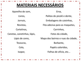 MATERIAIS NECESSÁRIOS
Aparelho de som,

Erva,

Livros,

Palitos de picolé e dente,

Jornais,

Embalagens de caixinhas,

Revistas,

Fita adesiva para as maquetes,

Cartolinas,

Carrinhos,

Canetas, canetinhas, lápis,

Fotos da cidade,

Lápis de cores,

Mapa dos bairros e ruas da cidade,

Tesouras,

Barbante,

Cola,

Papéis coloridos,

Isopor,

Folhas de ofício, etc...

 