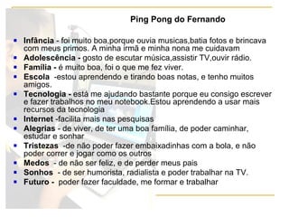 Ping Pong do Fernando
Infância - foi muito boa,porque ouvia musicas,batia fotos e brincava
com meus primos. A minha irmã e minha nona me cuidavam
Adolescência - gosto de escutar música,assistir TV,ouvir rádio.
Família - é muito boa, foi o que me fez viver.
Escola -estou aprendendo e tirando boas notas, e tenho muitos
amigos.
Tecnologia - está me ajudando bastante porque eu consigo escrever
e fazer trabalhos no meu notebook.Estou aprendendo a usar mais
recursos da tecnologia
Internet -facilita mais nas pesquisas
Alegrias - de viver, de ter uma boa família, de poder caminhar,
estudar e sonhar
Tristezas -de não poder fazer embaixadinhas com a bola, e não
poder correr e jogar como os outros
Medos - de não ser feliz, e de perder meus pais
Sonhos - de ser humorista, radialista e poder trabalhar na TV.
Futuro - poder fazer faculdade, me formar e trabalhar
 