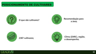 22
POSICIONAMENTO DE CULTIVARES
2387 cultivares;
O que são cultivares?
Clima (ZARC), região,
e desempenho.
Recomendação para
a área;
 