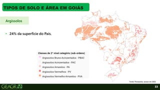 33
TIPOS DE SOLO E ÁREA EM GOIÁS
Argissolos
• 24% da superfície do País.
Fonte: Pronasolos, acesso em 2022.
 
