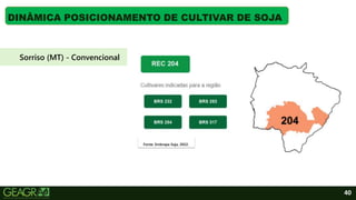 40
DINÂMICA POSICIONAMENTO DE CULTIVAR DE SOJA
Fonte: Embrapa Soja, 2022.
Sorriso (MT) - Convencional
 