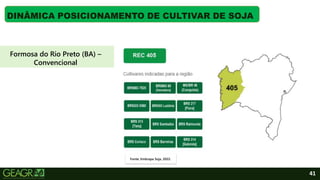 41
DINÂMICA POSICIONAMENTO DE CULTIVAR DE SOJA
Fonte: Embrapa Soja, 2022.
Formosa do Rio Preto (BA) –
Convencional
 