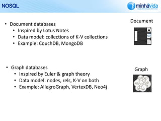 NOSQL

                                                  Document
• Document databases
   • Inspired by Lotus Notes
   • Data model: collections of K-V collections
   • Example: CouchDB, MongoDB



 • Graph databases                                 Graph
    • Inspired by Euler & graph theory
    • Data model: nodes, rels, K-V on both
    • Example: AllegroGraph, VertexDB, Neo4j
 