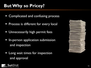  Complicated and confusing process
 Process is different for every local
 Unnecessarily high permit fees
 In-person application submission
and inspection
 Long wait times for inspection
and approval
But Why so Pricey?
13
 