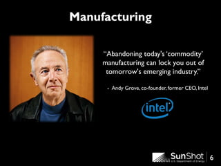 6
Manufacturing
“Abandoning today's ‘commodity’
manufacturing can lock you out of
tomorrow's emerging industry.”
- Andy Grove, co-founder, former CEO, Intel
 