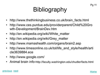Pg 11

                       Bibliography
  • http://www.thethinkingbusiness.co.uk/brain_facts.html
  • http://www.ces.purdue.edu/providerparent/Child%20Gro
    wth-Development/BrainDev.htm
  • http://en.wikipedia.org/wiki/White_matter
  • http://en.wikipedia.org/wiki/Grey_matter
  • http://www.mamashealth.com/organs/brain2.asp
  • http://www.timesonline.co.uk/tol/life_and_style/health/arti
    cle3639884.ece
  • http://www.google.com/
  • Animal brain info-http://faculty.washington.edu/chudler/facts.html

previous next                                                      Home
 