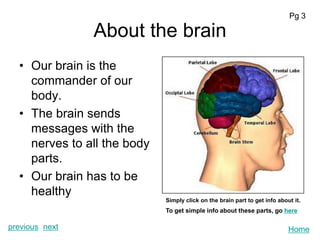 Pg 3

                About the brain
  • Our brain is the
    commander of our
    body.
  • The brain sends
    messages with the
    nerves to all the body
    parts.
  • Our brain has to be
    healthy
                             Simply click on the brain part to get info about it.
                             To get simple info about these parts, go here

previous next                                                               Home
 