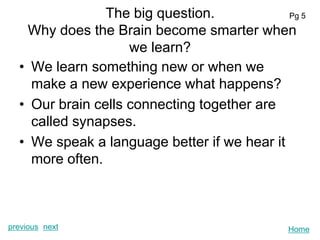 The big question.            Pg 5

    Why does the Brain become smarter when
                    we learn?
  • We learn something new or when we
    make a new experience what happens?
  • Our brain cells connecting together are
    called synapses.
  • We speak a language better if we hear it
    more often.



previous next                                 Home
 