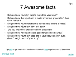 Pg 6

                      7 Awesome facts
  • Did you know your skin weighs more than your brain?
  • Did you know that your brain is made of more of grey matter* than
    white matter*?
  • Did you know your smart brain is able to have billions of ideas?
  • Did you know your brain can’t feel pain?
  • Did you know your brain uses some electricity?
  • Did you know video games are good for you in some way?
  • Did you know your brain uses lots of your body's energy, but it
    doesn’t weigh much of your body?




    *go here to get information about White matter and here to get info about Grey matter

previous next                                                                          Home
 