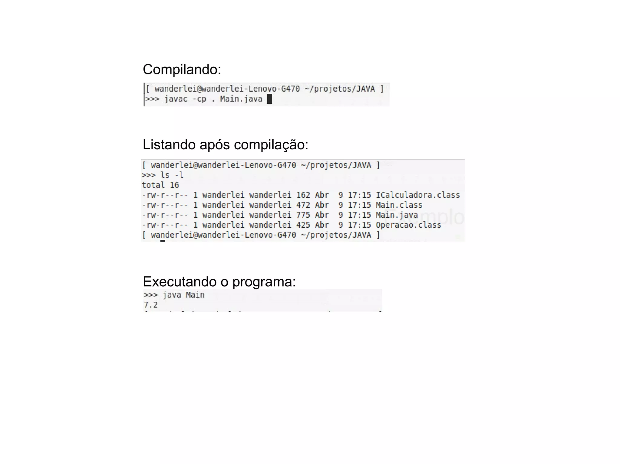Compilando:
Listando após compilação:
Executando o programa:
 
