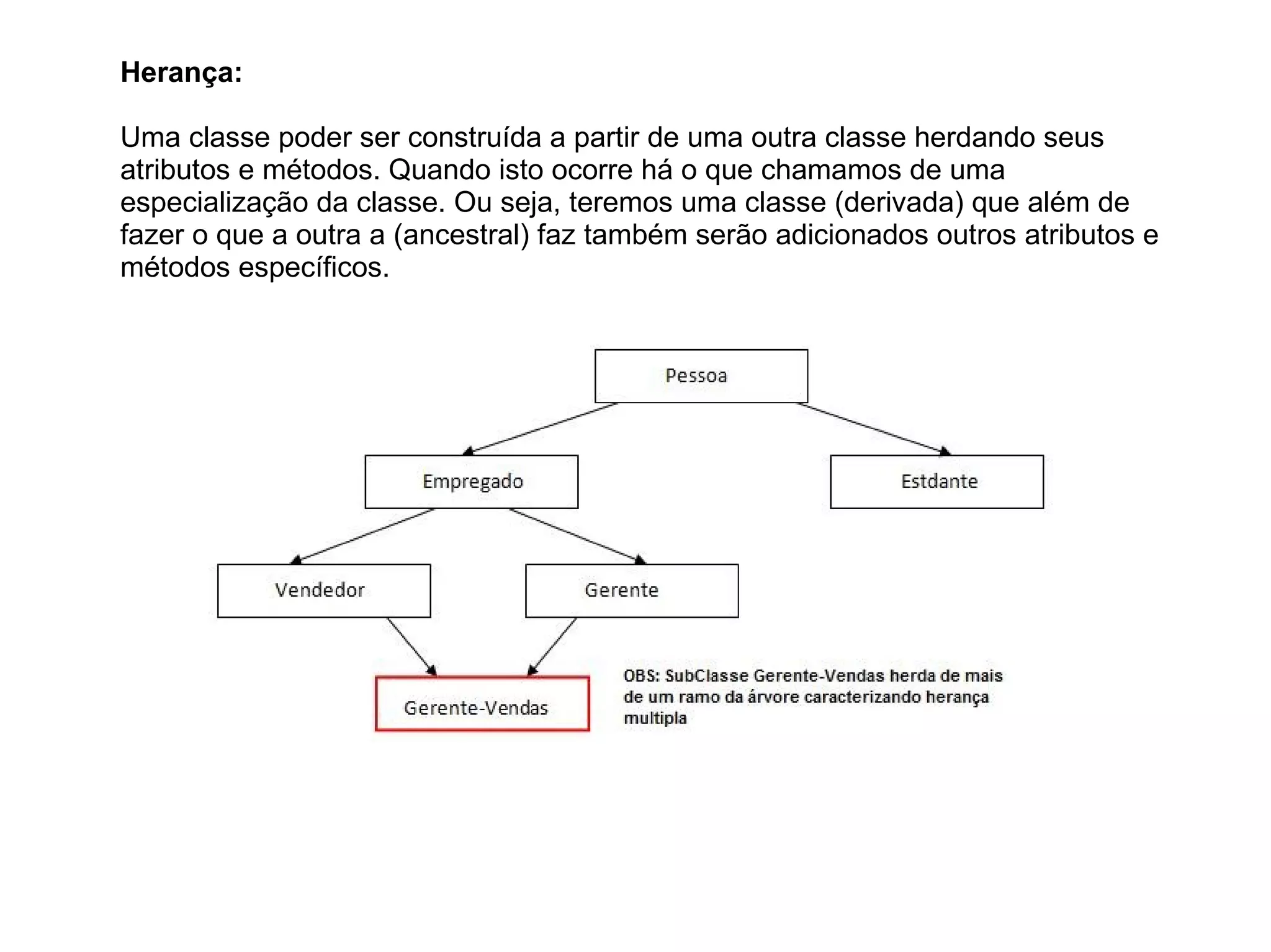 Herança:
Uma classe poder ser construída a partir de uma outra classe herdando seus
atributos e métodos. Quando isto ocorre há o que chamamos de uma
especialização da classe. Ou seja, teremos uma classe (derivada) que além de
fazer o que a outra a (ancestral) faz também serão adicionados outros atributos e
métodos específicos.
 