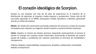 Scorpio es una empresa con más de 30 años de experiencia en la industria de la
distribución de abarrotes al mayoreo, medio-mayoreo y autoservicio. Tienes más de 40
sucursales operando en la CDMX, Guanajuato, Puebla, Querétaro, y Morelos, generando
más de un millón de empleos.
Misión: Ser aliado del comerciante acercando productos de consumo a través de acciones
innovadoras que impulsan sus negocios, dando sustento a nuestras familias mexicanas.
Visión: Duplicar el número de clientes premium mejorando continuamente el servicio al
cliente en sinergia con nuestros socios comerciales, fomentando el bienestar de nuestro
equipo de trabajo y cumpliendo con nuestros accionistas en términos de rentabilidad y
transparencia.
•Valores: Respeto, responsabilidad, transparencia, disciplina, colaboración, honestidad,
lealtad y transparencia.
El corazón ideológico de Scorpion.
 