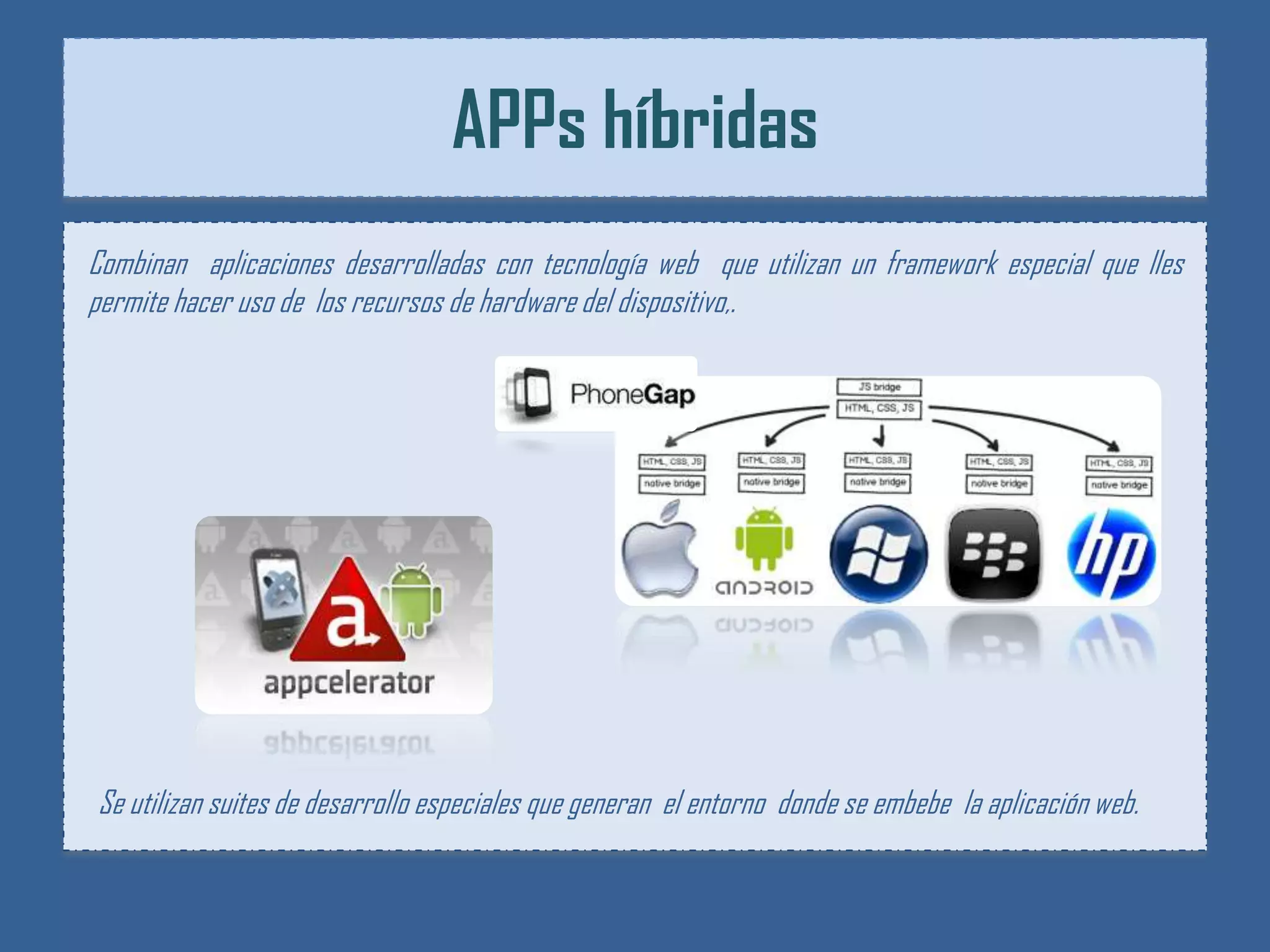 APPs híbridas
Combinan aplicaciones desarrolladas con tecnología web que utilizan un framework especial que lles
permite hacer uso de los recursos de hardware del dispositivo,.




Se utilizan suites de desarrollo especiales que generan el entorno donde se embebe la aplicación web.
 