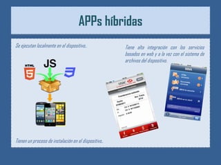 APPs híbridas
Se ejecutan localmente en el dispositivo,.             Tiene alta integración con los servicios
                                                       basados en web y a la vez con el sistema de
                                                       archivos del dispositivo.




Tienen un proceso de instalación en el dispositivo,.
 