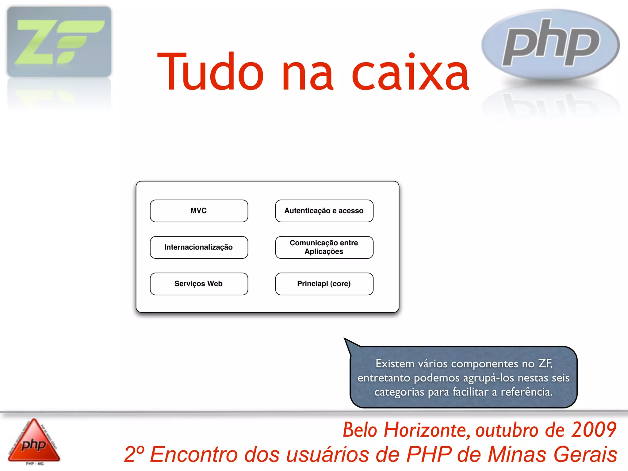 Tudo na caixa

           MVC            Autenticação e acesso



                           Comunicação entre
    Internacionalização
                              Aplicações



      Serviços Web           Princiapl (core)




                                                   Existem vários componentes no ZF,
                                                entretanto podemos agrupá-los nestas seis
                                                   categorias para facilitar a referência.


                     Belo Horizonte, outubro de 2009
2º Encontro dos usuários de PHP de Minas Gerais
 