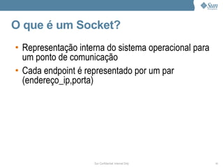 O que é um Socket?
• Representação interna do sistema operacional para
  um ponto de comunicação
• Cada endpoint é representado por um par
  (endereço_ip,porta)




                    Sun Confidential: Internal Only   11
 