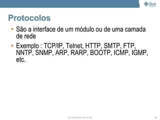 Protocolos
• São a interface de um módulo ou de uma camada
  de rede
• Exemplo : TCP/IP, Telnet, HTTP, SMTP, FTP,
  NNTP, SNMP, ARP, RARP, BOOTP, ICMP, IGMP,
  etc.




                   Sun Confidential: Internal Only   19
 