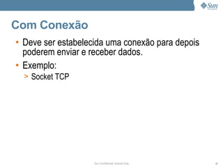 Com Conexão
• Deve ser estabelecida uma conexão para depois
  poderem enviar e receber dados.
• Exemplo:
  > Socket TCP




                    Sun Confidential: Internal Only   31
 