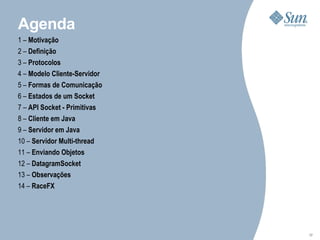 Agenda
1 – Motivação
2 – Definição
3 – Protocolos
4 – Modelo Cliente-Servidor
5 – Formas de Comunicação
6 – Estados de um Socket
7 – API Socket - Primitivas
8 – Cliente em Java
9 – Servidor em Java
10 – Servidor Multi-thread
11 – Enviando Objetos
12 – DatagramSocket
13 – Observações
14 – RaceFX




                              77
 