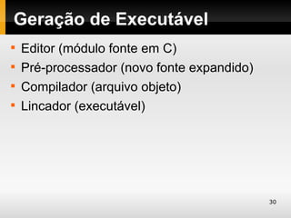 Geração de Executável

    Editor (módulo fonte em C)

    Pré‐processador (novo fonte expandido)

    Compilador (arquivo objeto)

    Lincador (executável)




                                             30
 