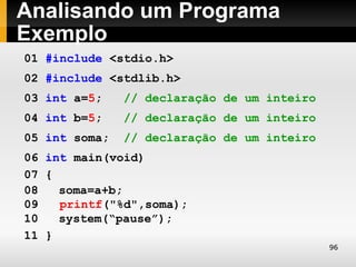 Analisando um Programa
Exemplo
01 #include <stdio.h>
02 #include <stdlib.h>
03 int a=5;    // declaração de um inteiro
04 int b=5;    // declaração de um inteiro
05 int soma;   // declaração de um inteiro
06 int main(void)
07 {
08   soma=a+b;
09   printf("%d",soma);
10   system(“pause”);
11 }
                                             96
 