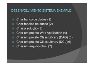 Criar banco de dados (1)
Criar tabelas no banco (2)
Criar a solução (3)
Criar um projeto Web Application (4)
Criar um projeto Class Library (DAO) (5)
Criar um projeto Class Library (DCL)(6)
Criar um arquivo dbml (7)
 
