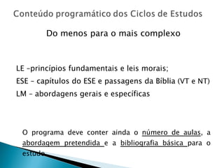 Do menos para o mais complexo LE –princípios fundamentais e leis morais; ESE – capítulos do ESE e passagens da Bíblia  (VT e NT) LM – abordagens gerais e específicas O programa deve conter ainda o  número de aulas , a  abordagem pretendida  e a  bibliografia básica  para o estudo. 