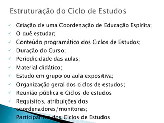 Criação de uma Coordenação de Educação Espírita; O quê estudar; Conteúdo programático dos Ciclos de Estudos; Duração do Curso; Periodicidade das aulas; Material didático; Estudo em grupo ou aula expositiva; Organização geral dos ciclos de estudos; Reunião pública e Ciclos de estudos Requisitos, atribuições dos coordenadores/monitores; Participantes dos Ciclos de Estudos Controle de Frequência e critérios de aprovação 