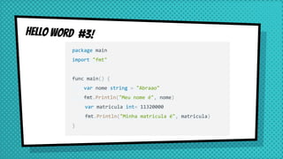 Hello Word #3!
package main
import "fmt"
func main() {
var nome string = "Abraao"
fmt.Println("Meu nome é", nome)
var matricula int= 11320000
fmt.Println("Minha matricula é", matricula)
}
 