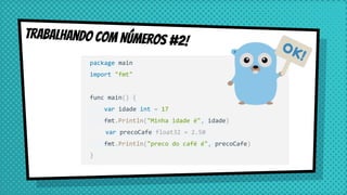 Trabalhando com Números #2!
package main
import "fmt"
func main() {
var idade int = 17
fmt.Println("Minha idade é", idade)
var precoCafe float32 = 2.50
fmt.Println("preco do café é", precoCafe)
}
 