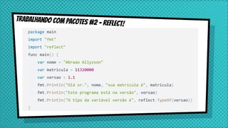 Trabalhando com Pacotes #2 - reflect!
package main
import "fmt"
import "reflect"
func main() {
var nome = "Abraao Allysson"
var matricula = 11320000
var versao = 1.1
fmt.Println("Olá sr.", nome, "sua matricula é", matricula)
fmt.Println("Este programa está na versão", versao)
fmt.Println("O tipo da variável versão é", reflect.TypeOf(versao))
}
 