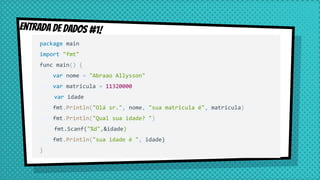 Entrada de dados #1!
package main
import "fmt"
func main() {
var nome = "Abraao Allysson"
var matricula = 11320000
var idade
fmt.Println("Olá sr.", nome, "sua matricula é", matricula)
fmt.Println("Qual sua idade? ")
fmt.Scanf("%d",&idade)
fmt.Println("sua idade é ", idade)
}
 