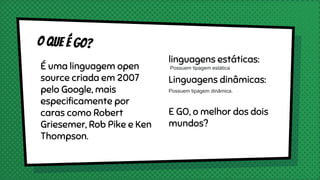 É uma linguagem open
source criada em 2007
pelo Google, mais
especificamente por
caras como Robert
Griesemer, Rob Pike e Ken
Thompson.
O que é Go?
linguagens estáticas:
Possuem tipagem estática
Linguagens dinâmicas:
Possuem tipagem dinâmica.
E GO, o melhor dos dois
mundos?
 