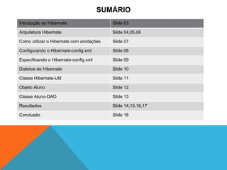 SUMÁRIO Introdução ao Hibernate Slide 03 Arquitetura Hibernate Slide 04,05,06 Como utilizar o Hibernate com anotações Slide 07 Configurando o Hibernate-config.xml Slide 08 Especificando o Hibernate-config.xml Slide 09 Dialetos do Hibernate Slide 10 Classe Hibernate-Util Slide 11 Objeto Aluno Slide 12 Classe Aluno-DAO Slide 13 Resultados Slide 14,15,16,17 Conclusão Slide 18 