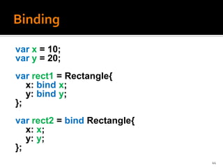 var x = 10;
var y = 20;
var rect1 = Rectangle{
   x: bind x;
   y: bind y;
};
var rect2 = bind Rectangle{
   x: x;
   y: y;
};
                              44
 