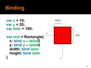var x = 10;                 lado/2

var y = 20;
var lado = 100;
                        y
                                     lado
var rect = Rectangle{
  x: bind x – lado/2
  y: bind y – lado/2
  width: bind lado
  height: bind lado
}                                x


                                            46
 