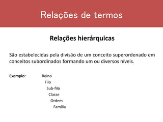 Relações hierárquicas
São estabelecidas pela divisão de um conceito superordenado em
conceitos subordinados formando um ou diversos níveis.
Exemplo: Reino
Filo
Sub-filo
Classe
Ordem
Família
Relações de termos
 
