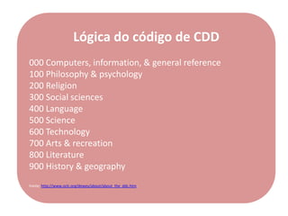 Lógica do código de CDD
000 Computers, information, & general reference
100 Philosophy & psychology
200 Religion
300 Social sciences
400 Language
500 Science
600 Technology
700 Arts & recreation
800 Literature
900 History & geography
Fonte: http://www.oclc.org/dewey/about/about_the_ddc.htm.
 