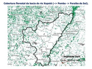Vegetação 2005
Fonte: SEMAD MG 2013
Cobertura florestal da bacia do rio Xopotó (–> Pomba -> Paraíba do Sul).
 