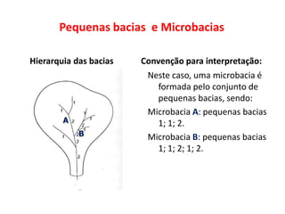 Pequenas bacias e Microbacias
Hierarquia das bacias Convenção para interpretação:
Neste caso, uma microbacia é
formada pelo conjunto de
pequenas bacias, sendo:
Microbacia A: pequenas bacias
1; 1; 2.
Microbacia B: pequenas bacias
1; 1; 2; 1; 2.
A
B
 