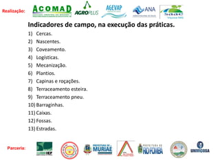 Realização:
Indicadores de campo, na execução das práticas.
1) Cercas.
2) Nascentes.
3) Coveamento.
4) Logísticas.
5) Mecanização.
6) Plantios.
7) Capinas e roçações.
8) Terraceamento esteira.
9) Terraceamento pneu.
10) Barraginhas.
11) Caixas.
12) Fossas.
13) Estradas.
Parceria:
 