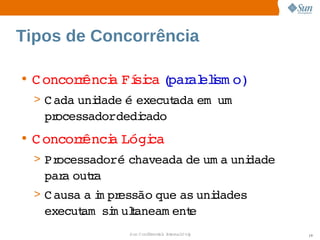 Tipos de Concorrência

• C oncor ênci Fí ca par elsm o)
         r   a  si ( al i
  > C ada  dade  execut
         uni   é      ada     
                         em um
   processadordedi
                 cado
• C oncor ênci Lógi
         r   a    ca
  > Processadoré 
                 chaveada  um a  dade 
                         de    uni
   par outa
      a  r
  > C ausa  i pr
          a m essão 
                   que  uni
                      as  dades 
   execut   m ulaneam ent
        am si t         e
               Sun  onfdental I er   nl
                  C i      i : nt nalO y   19
 