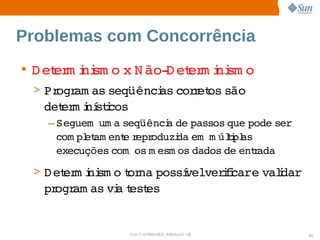 Problemas com Concorrência
• D et m i sm o  N ão­ et m i sm o
     er ni     x      D er ni
 > Pr am as 
     ogr   seqüênci cor et são 
                  as  r os 
   det m i stcos
     er ní i
   – Seguem   a 
             um seqüênci de 
                         a  passos  que 
                                       pode   
                                           ser
     com pl am ent r oduzi em   úli as 
          et     e epr     da  m tpl
     execuções com   m esm os 
                   os         dados  entada
                                   de  r
 > D et m i sm o or possí   ii   valdar
      er ni      t na   velverfcare  i  
   pr am as  a est
     ogr   vi t es


                   Sun  onfdental I er   nl
                      C i      i : nt nalO y     23
 
