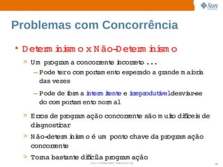 Problemas com Concorrência
• D et m i sm o  N ão­ et m i sm o
     er ni     x      D er ni
 > U m   ogr a 
       pr am concor ent i
                   r e ncor et ...
                           r o   
   – Pode ero 
          t   com poram ent esper
                     t    o      ado  gr
                                    a  ande  ai i
                                           m ora 
     das 
        vezes
   – Pode  f m a nt m ient e r epr
         de or i er t e  ir odutveldesvi ­
                                   í   ar se 
     do 
       com poram ent nor al
              t    o  m
 > Er os  pr am ação 
     r de  ogr      concor ent são  uio  fcei de 
                          r e     m t dií s 
   di
    agnostcar
          i
 > N ão­ er i sm o  um  
        det m ni  é  pont chave  pr am ação 
                         o     da  ogr
   concor ent
         r e
 > Tor bast e  fci  pr am ação
      na  ant dií la  ogr
                  Sun  onfdental I er   nl
                     C i      i : nt nalO y         25
 