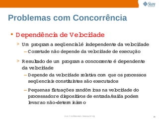 Problemas com Concorrência
• D ependênci de  oci
            a  Vel dade
 > U m   ogr a 
       pr am seqüenci   i
                    alé ndependent da  oci
                                 e  vel dade
   – C or et
         r ude 
              não 
                 depende  vel dade  execução
                        da  oci   de 
 > R esulado  um   ogr a 
        t   de  pr am concor ent é 
                            r e  dependent
                                         e 
   da  oci
      vel dade
    – D epende  vel dade el i com  
              da  oci      r atva     que  pr
                                         os  ocessos 
      seqüenci s 
              ai constt nt são 
                      iui es    execut
                                     ados
   – Pequenas l uações andôm i na  oci
              fut       r     cas  vel dade 
                                           do 
     processadore  sposii de  r
                  di    tvos  entada/ da 
                                    saí podem  
     l
     evarao 
           não­ er i sm o
                 det m ni

                   Sun  onfdental I er   nl
                      C i      i : nt nalO y            26
 